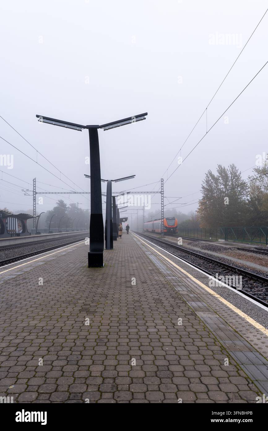 Tallinn, Estonie – 2 octobre 2026 : Une plateforme pavée avec des colonnes d’éclairage, des voies ferrées et des câbles aériens à la gare de Paaskula dans le brouillard. Banque D'Images