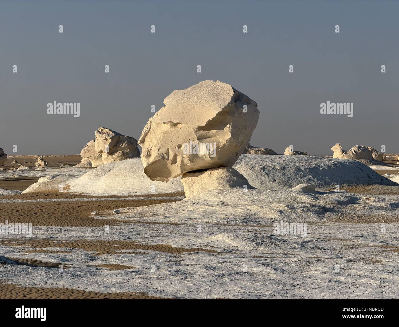 Roche champignon blanc éclatant dans la plaine du désert, photographiée au parc national du Désert Blanc dans le désert occidental égyptien. Banque D'Images