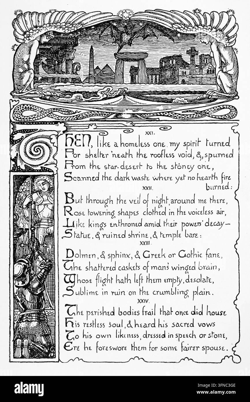 Page littéraire décorative, ruines anciennes et illustrations de chevaliers encadrant le texte du poème, gravure du XIXe siècle. Banque D'Images