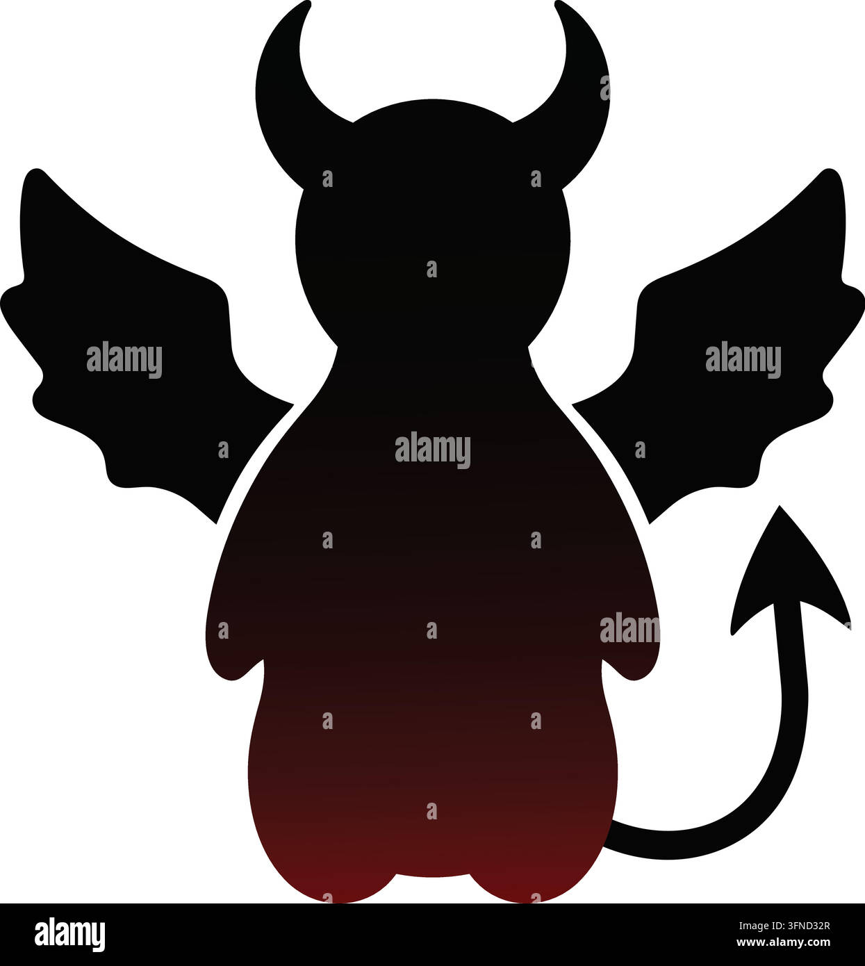 Illustration plate d'une silhouette de diable noir arrondie avec de grandes cornes courbes, des ailes de chauve-souris déployées, des bras courts et une longue queue munie d'une pointe de flèche Illustration de Vecteur