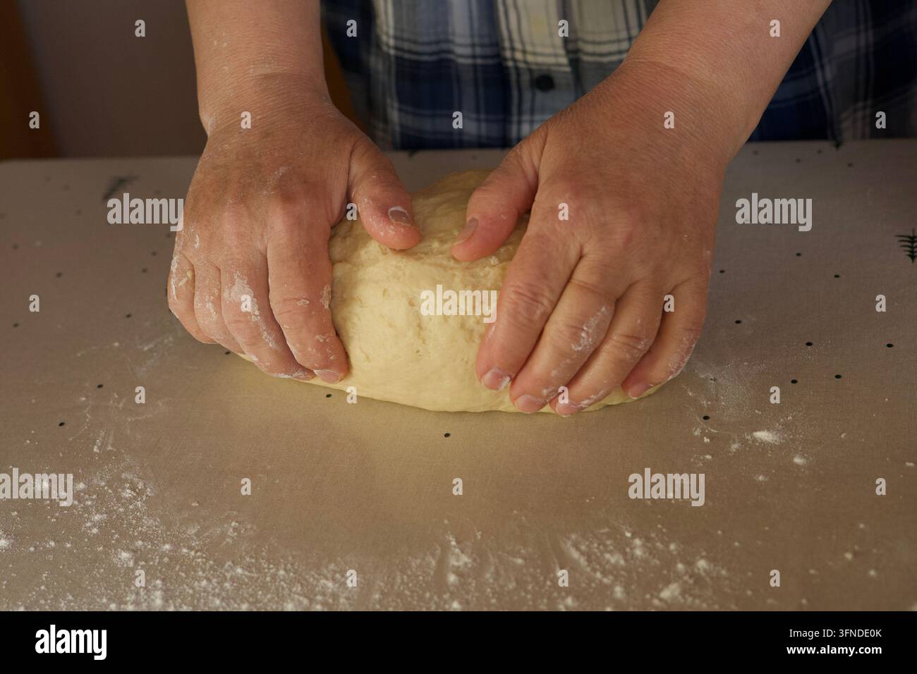 Grossissement des deux mains modelant la pâte sur un plan de travail de cuisine légèrement fariné. Banque D'Images