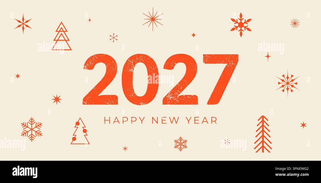 Bannière Happy New Year 2026 avec texte 2027 et éléments de Joyeux Noël. Modèle vectoriel horizontal. Illustration de Vecteur