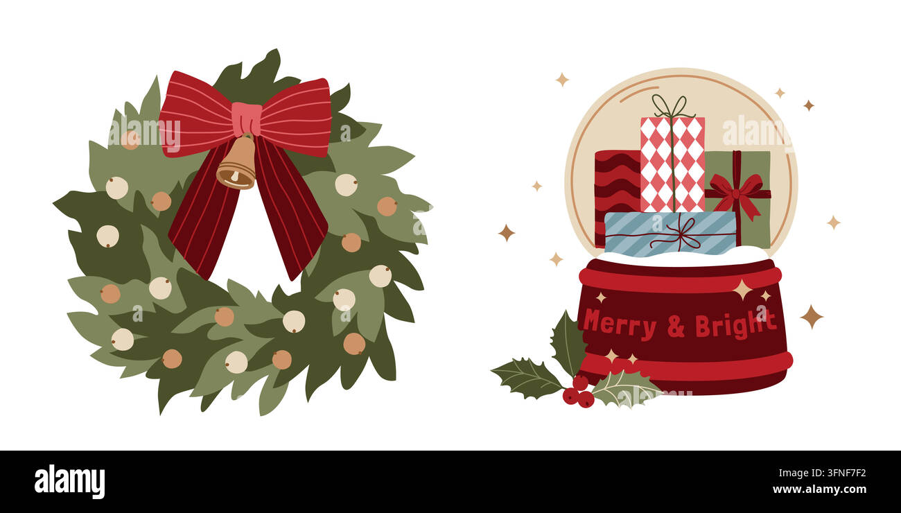 Ensemble d'éléments de Noël dessinés à la main, globe de neige et couronne florale festive avec nœud rouge pour la décoration hivernale ou l'emballage, cartes Illustration de Vecteur