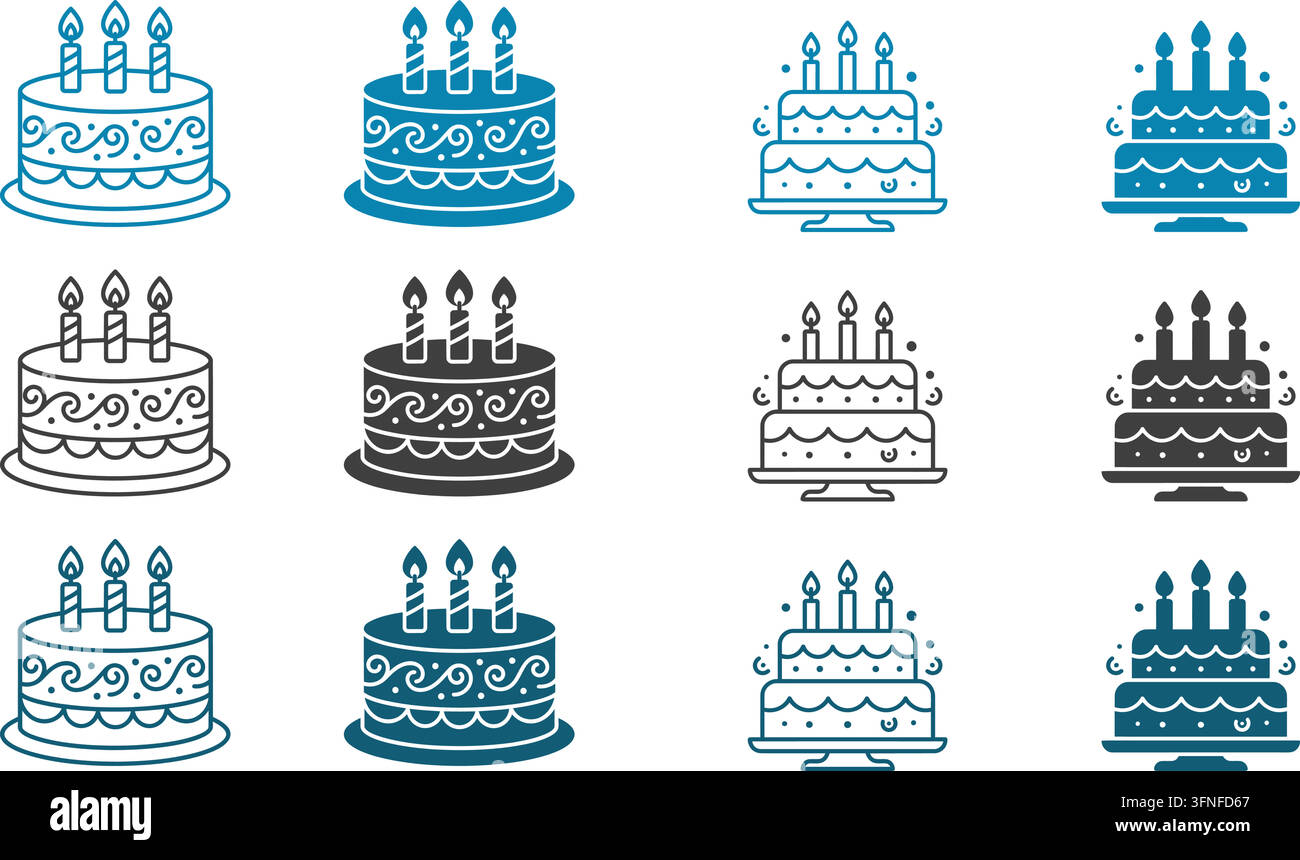 Ensemble d'icônes de gâteaux d'anniversaire en bleu, gris et bleu foncé, comprenant des designs à un ou plusieurs étages avec des bougies allumées et des motifs décoratifs en vectoriel Illustration de Vecteur