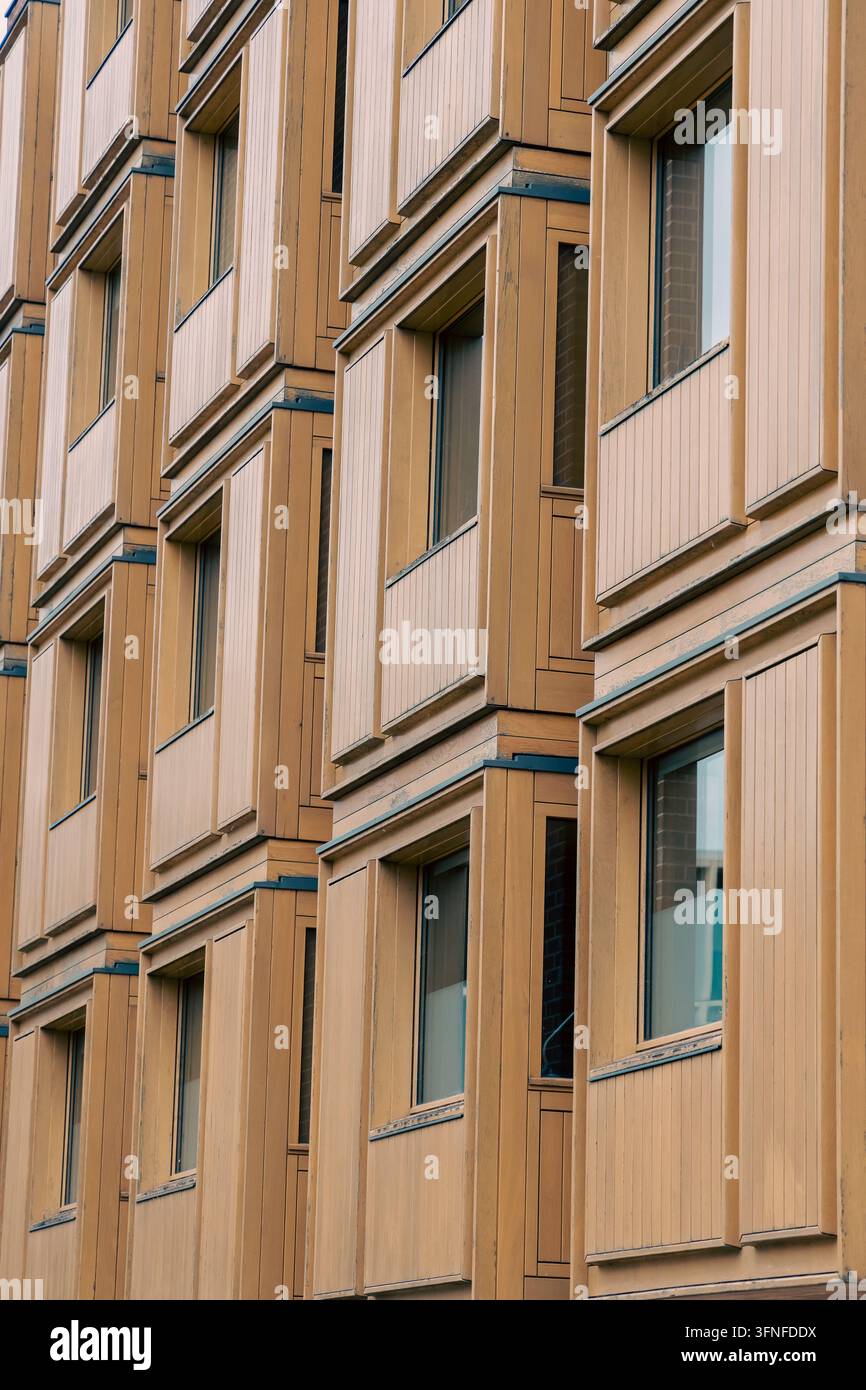 Motif répétitif de fenêtres et de panneaux revêtus de bois sur la façade d'un logement universitaire moderne à Oxford, photographié comme un détail architectural abstrait Banque D'Images