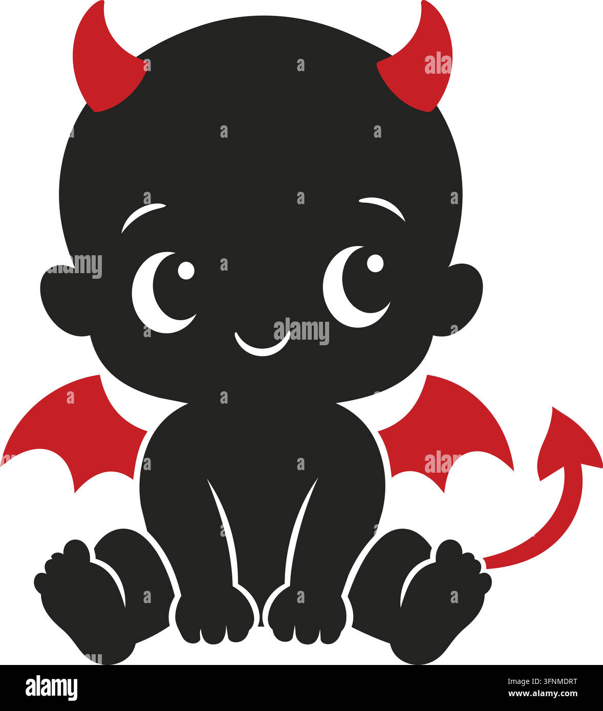 Illustration plate d'un mignon bébé diable noir assis avec des cornes rouges, de petites ailes de chauve-souris, de grands yeux ronds et une queue en forme de flèche recourbée Illustration de Vecteur