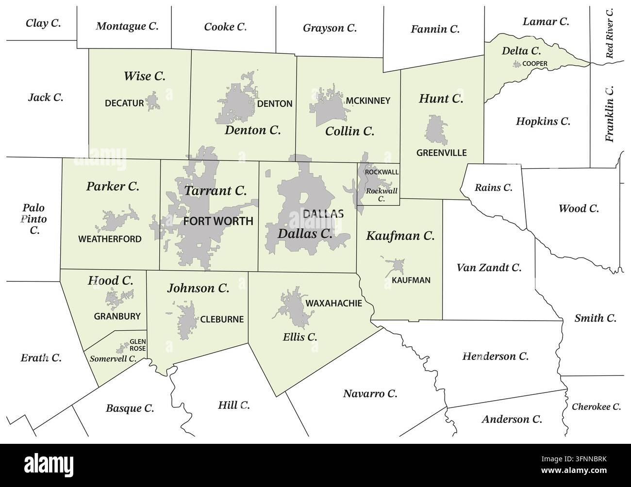 Carte administrative du méropole de Dallas-Fort Worth, Texas, États-Unis Banque D'Images