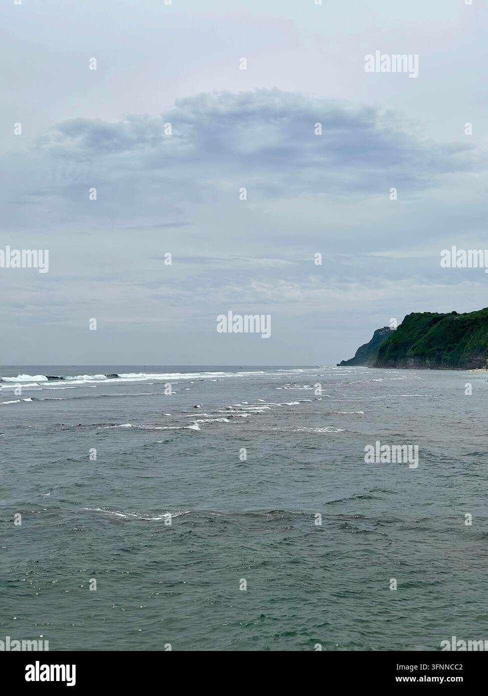 Les vagues de l'océan approchent des falaises côtières vertes sous des nuages superposés dans une lumière du jour atténuée. - Image de stock capturée avec un smartphone