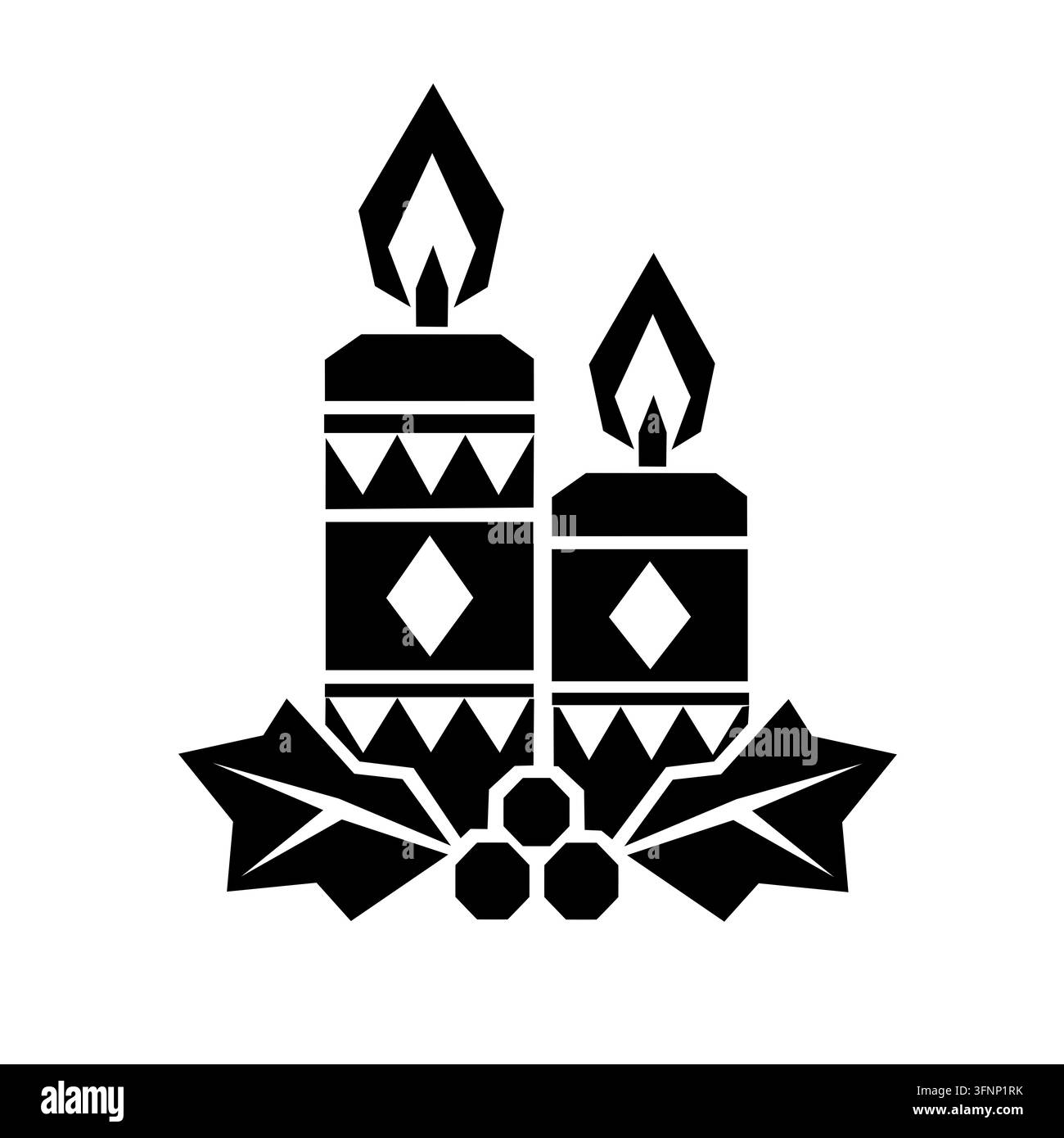 Deux bougies à motifs avec des flammes angulaires se dressent au-dessus d'un arrangement décoratif de feuilles et de baies de houx en noir et blanc. Banque D'Images