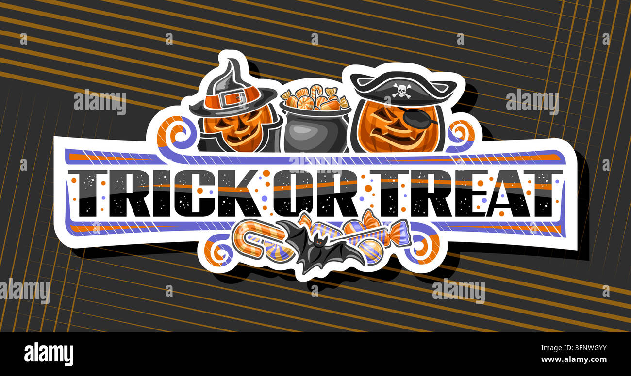 Bannière vectorielle pour Halloween, titre horizontal blanc avec des symboles d'Halloween - deux lanternes jack-o-lantern souriantes, panier de bonbons au design cartoon et Halloween Illustration de Vecteur