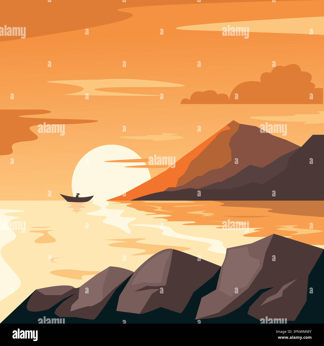 Image vectorielle d'une vue de coucher de soleil sur la mer et il y a des pêcheurs qui pêchent avec un bateau et il y a une colline rocheuse devant, adaptée pour livre c Illustration de Vecteur