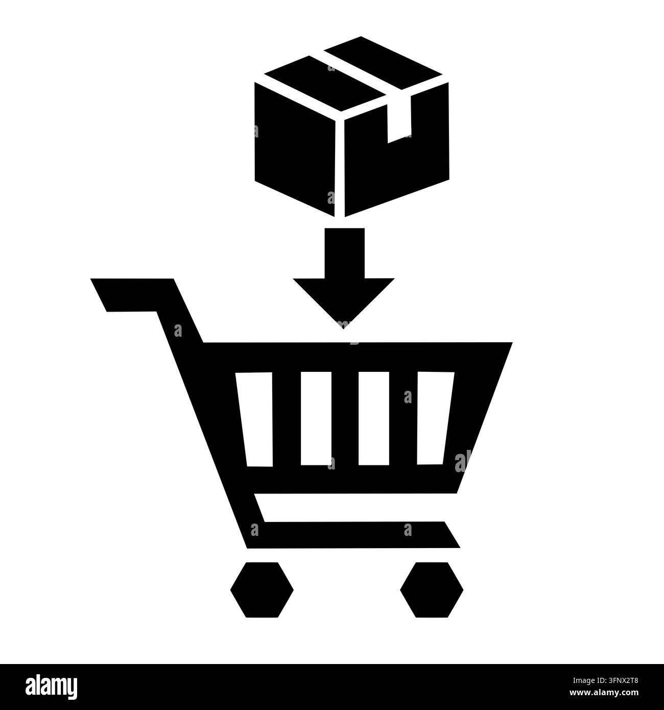 Un paquet et une flèche orientée vers le bas au-dessus d'un panier représentent l'ajout d'un produit au panier. Une illustration géométrique noire et blanche audacieuse d'une boutique en ligne Banque D'Images