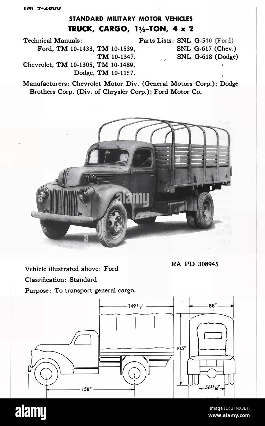 Page du manuel technique TM 9-2800, Véhicules militaires standard, publié en 1943 par le United States War Department et l'Army Ordnance Department. Elle illustre un camion de marchandises Ford standard de 1½ tonne, 4 x 2 destiné au transport de marchandises générales, avec des listes de pièces, des références du manuel technique, des informations sur le fabricant et des dessins dimensionnels. Banque D'Images