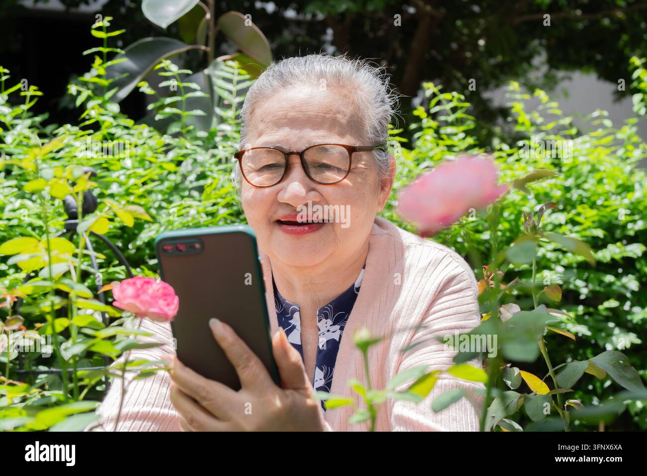Femme asiatique âgée dans son jardin portant des lunettes et utilisant son smartphone, peut-être pour prendre des photos ou passer un appel vidéo. Banque D'Images