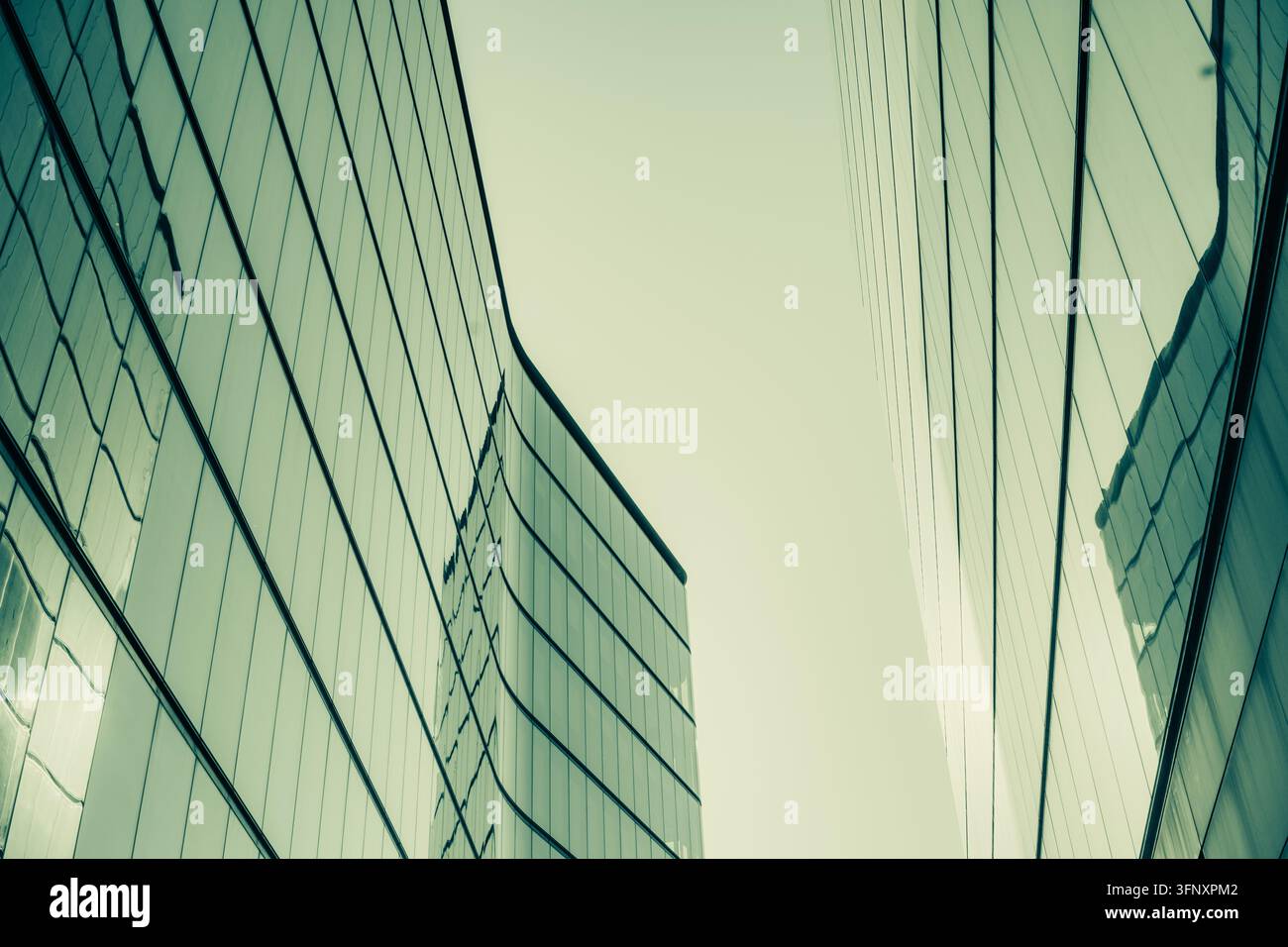 Bâtiments de bureaux modernes aux façades en verre s'élevant vers un ciel dégagé. Architecture urbaine reflétant l'environnement et la croissance des entreprises Banque D'Images