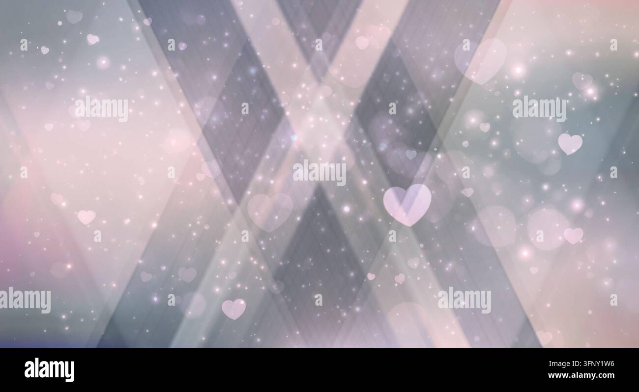 Fond abstrait romantique présentant un bokeh doux en forme de cœur, des paillettes étincelantes et de larges bandes diagonales s'entrecroisant sur un dégradé estompé Banque D'Images
