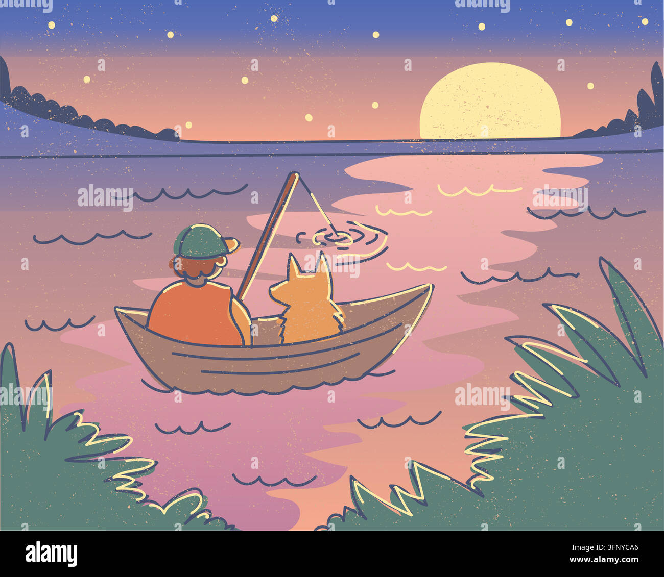 Propriétaire d'un bateau de pêche avec chien, lac, coucher de soleil, soirée d'été, illustration vectorielle. Personne avec chien assis dans un bateau en bois, canne à pêche, lac, soleil, réflexion de l'eau, étoiles, plan Illustration de Vecteur