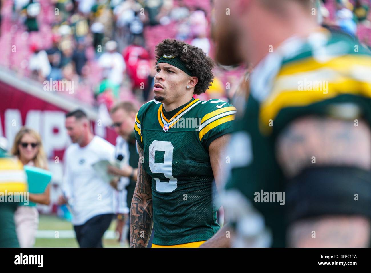 Tampa Bay, Floride, États-Unis, 4 octobre 2026, joueur des Green Bay Packers Christian Watson #9 au Raymond James Stadium. (Crédit photo : Marty Jean-Louis/Alamy Live News) Banque D'Images