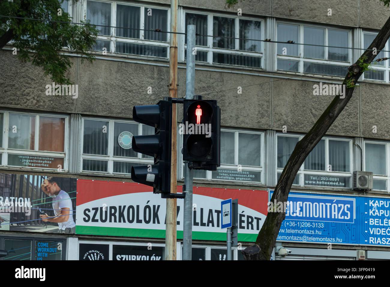 Hongrie, Budapest 2021 05 30 : Feu piéton montrant le signal homme rouge, gros plan avec façade urbaine en arrière-plan, lumière de jour Banque D'Images
