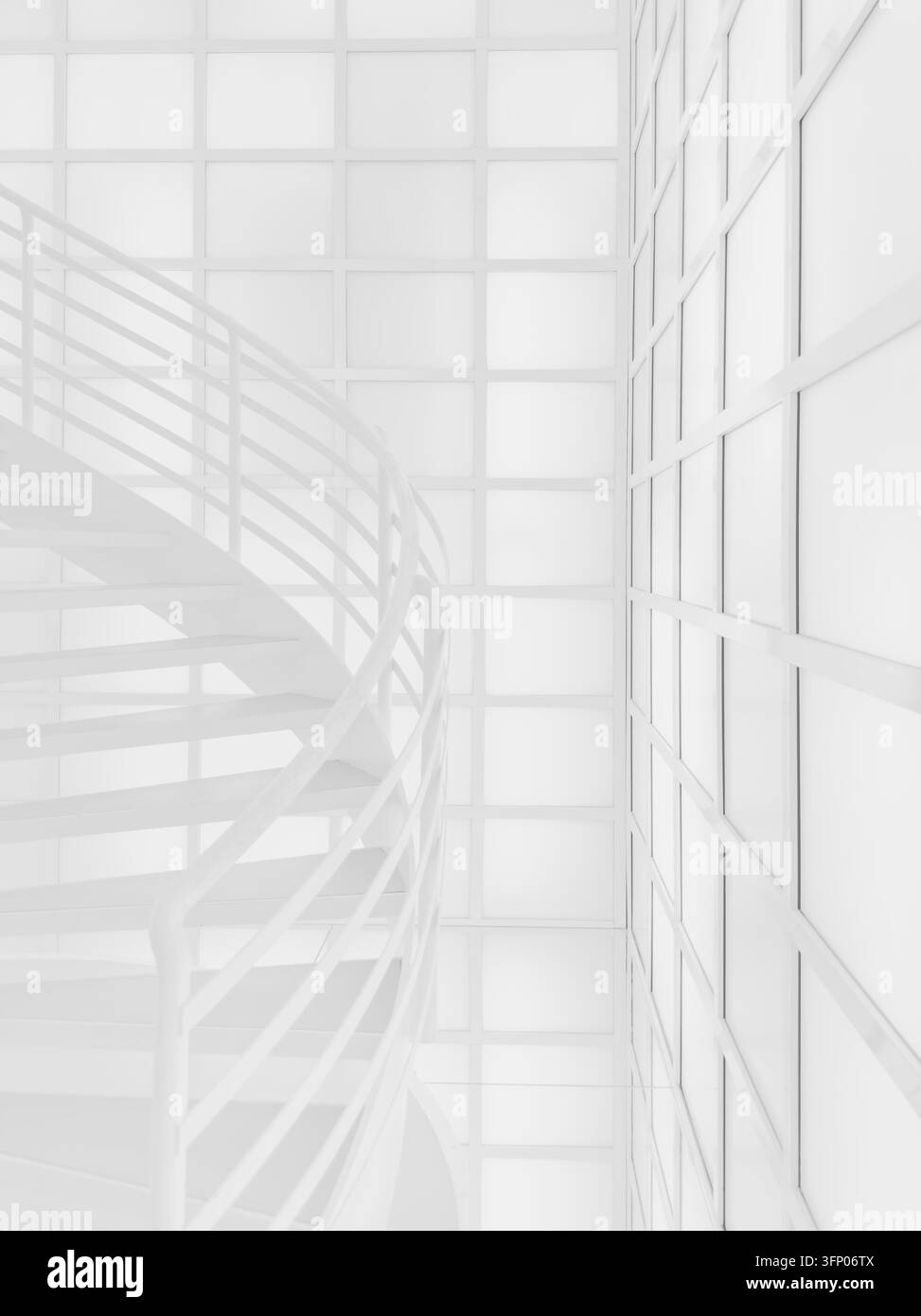 Photographie architecturale minimaliste à contre-jour d'un escalier en colimaçon blanc devant un mur à motif grille créant un design abstrait lumineux et épuré. Banque D'Images