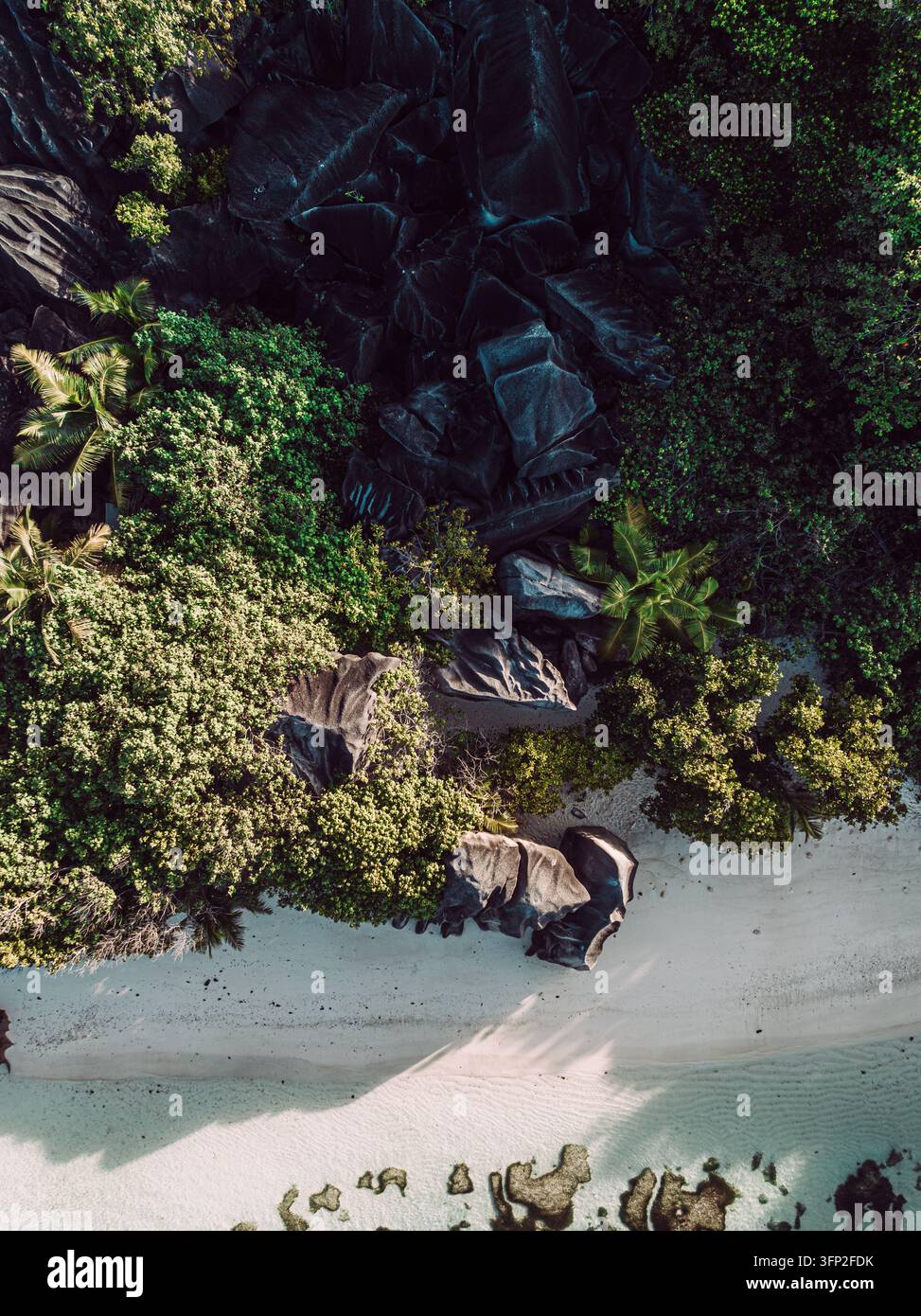 Vue aérienne d'une crique de sable isolée et de rochers de granit entourés de forêt tropicale sur La Digue. Banque D'Images
