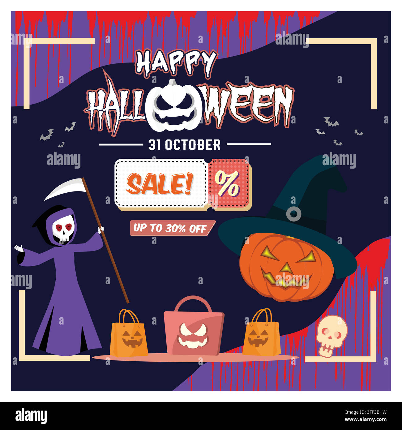 Une publicité sur le thème d'Halloween avec des détails sur les promotions, mettant en scène des personnages effrayants, des citrouilles et des décorations, met en avant des réductions allant jusqu'à trente pour cent pour octob Illustration de Vecteur
