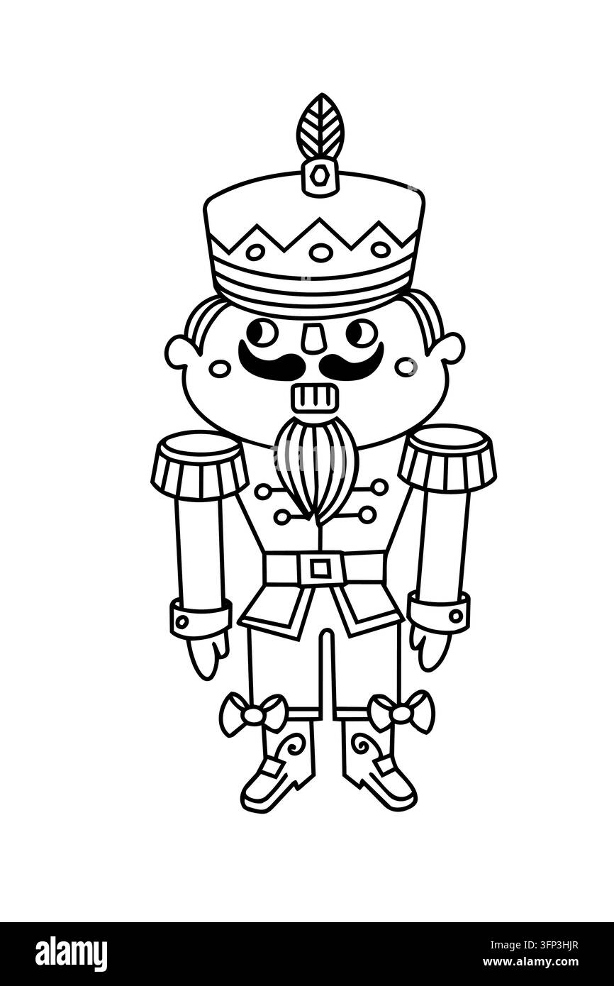 Vecteur de coloriage de soldat casse-noisette. Dessin linéaire classique festif et magique d'hiver. Conception de carte de vœux pour décor de fête de Noël. Illustration de Vecteur