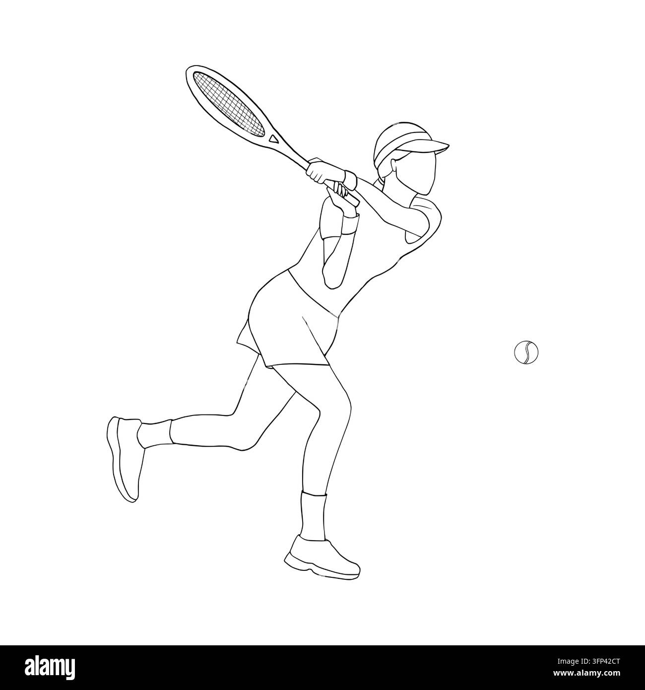 Joueuse de tennis balançant sa raquette vers la balle. Illustration graphique en art linéaire vectoriel dessiné à la main avec une athlète féminine. Pour le branding, le coloriage Illustration de Vecteur