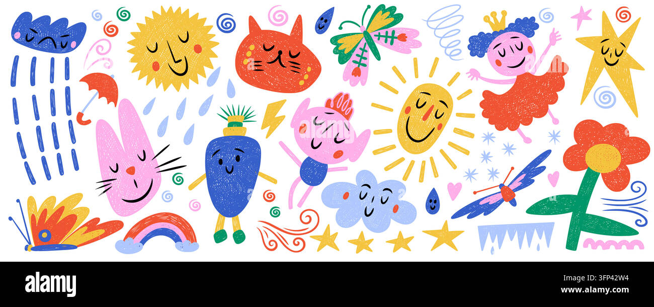 Personnages et éléments de gribouillis vectoriels naïfs au crayon. Ensemble de formes mignonnes et funky dessinées à la main et illustrations enfantines. Figurines pour enfants pour collages et design graphique. Graphisme de dessin animé isolé sur fond blanc. Illustration de Vecteur