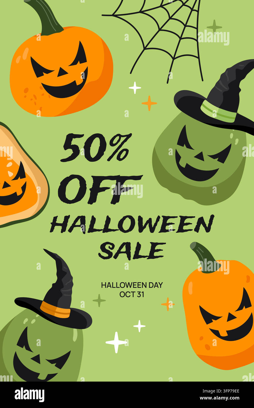 Offre Halloween 50 pour cent de réduction modèle de bannière verte avec citrouilles Jack-o'-lanterne chapeau de sorcière vecteur plat Illustration de Vecteur