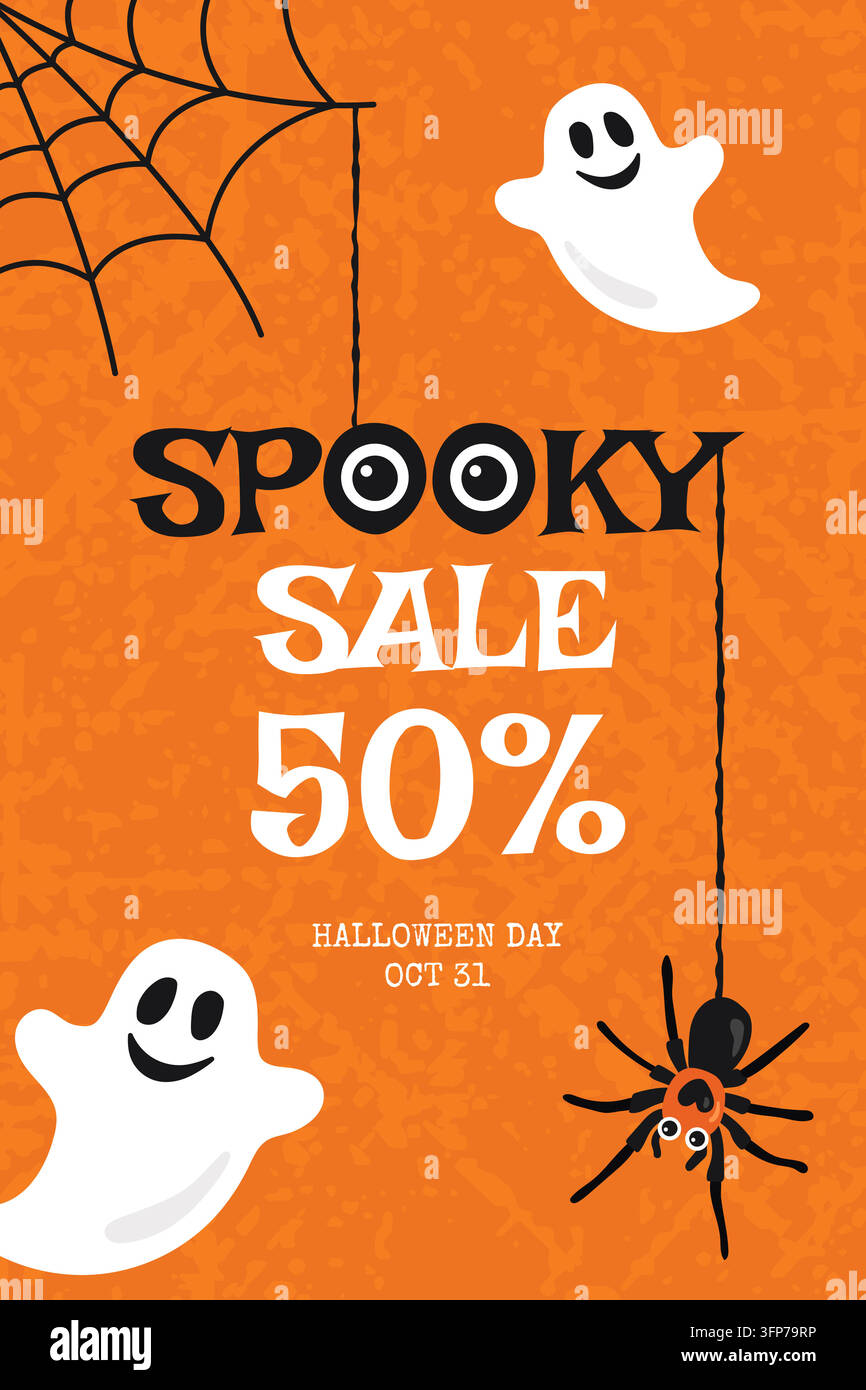 Modèle de bannière effrayante pour les soldes d'Halloween avec 50 pour cent de réduction, avec des fantômes, une araignée et une toile illustration vectorielle plate Illustration de Vecteur