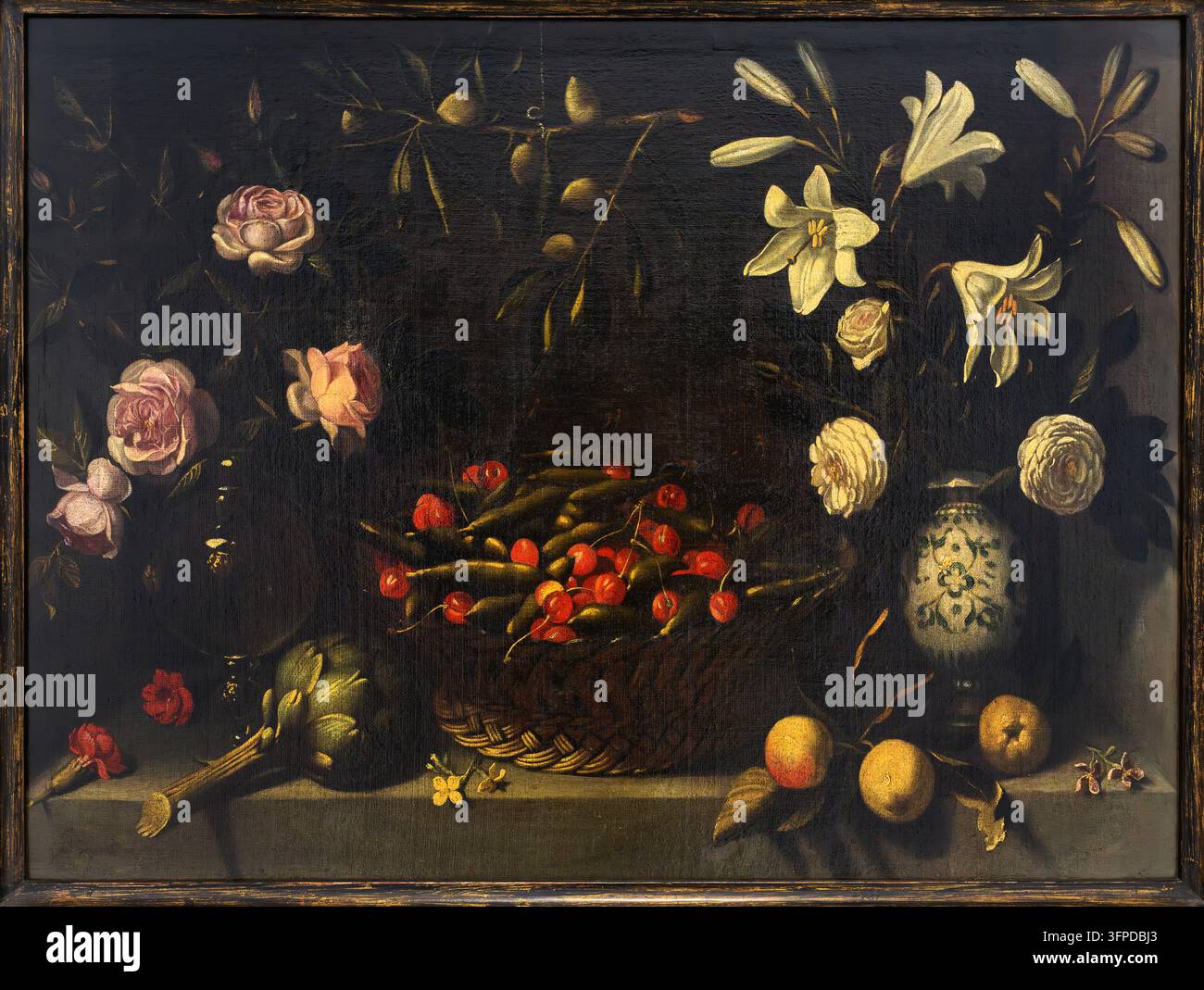 Nature morte avec un panier de pois et de cerises et deux vases, c. 1621, Juan van der Hamen y León (Madrid, 1596-1631), Museo de Bellas Artes de Asturias Banque D'Images