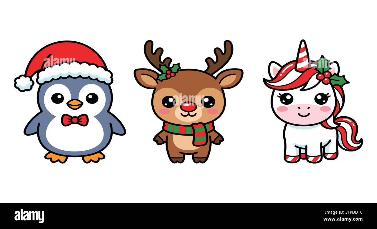 Personnages de Noël mignons en dessin animé comprenant un pingouin, un renne et une licorne Illustration de Vecteur
