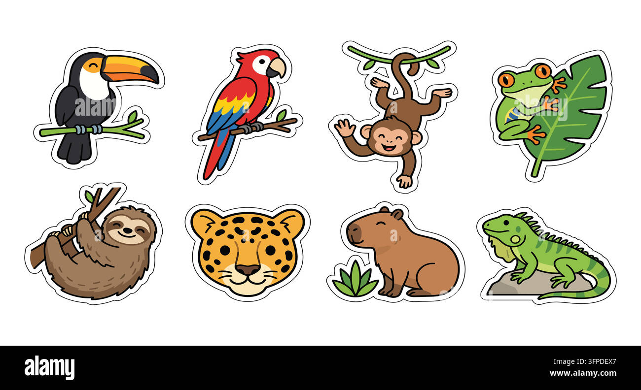 Autocollants d'animaux de la jungle comprenant des oiseaux tropicaux et des mammifères sauvages de la forêt tropicale Illustration de Vecteur