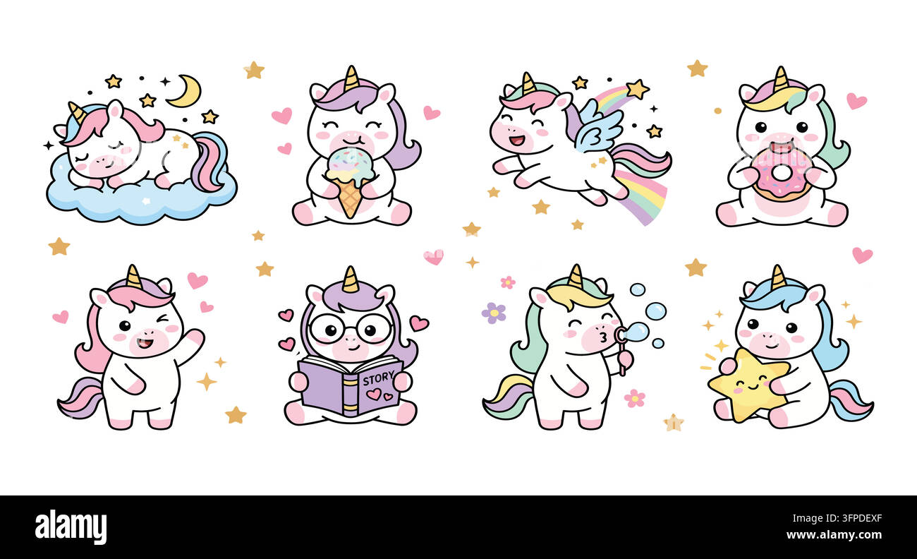 Jolis unicorns magiques avec des étoiles et des douceurs, joli cartoon d'unicorn unico Illustration de Vecteur