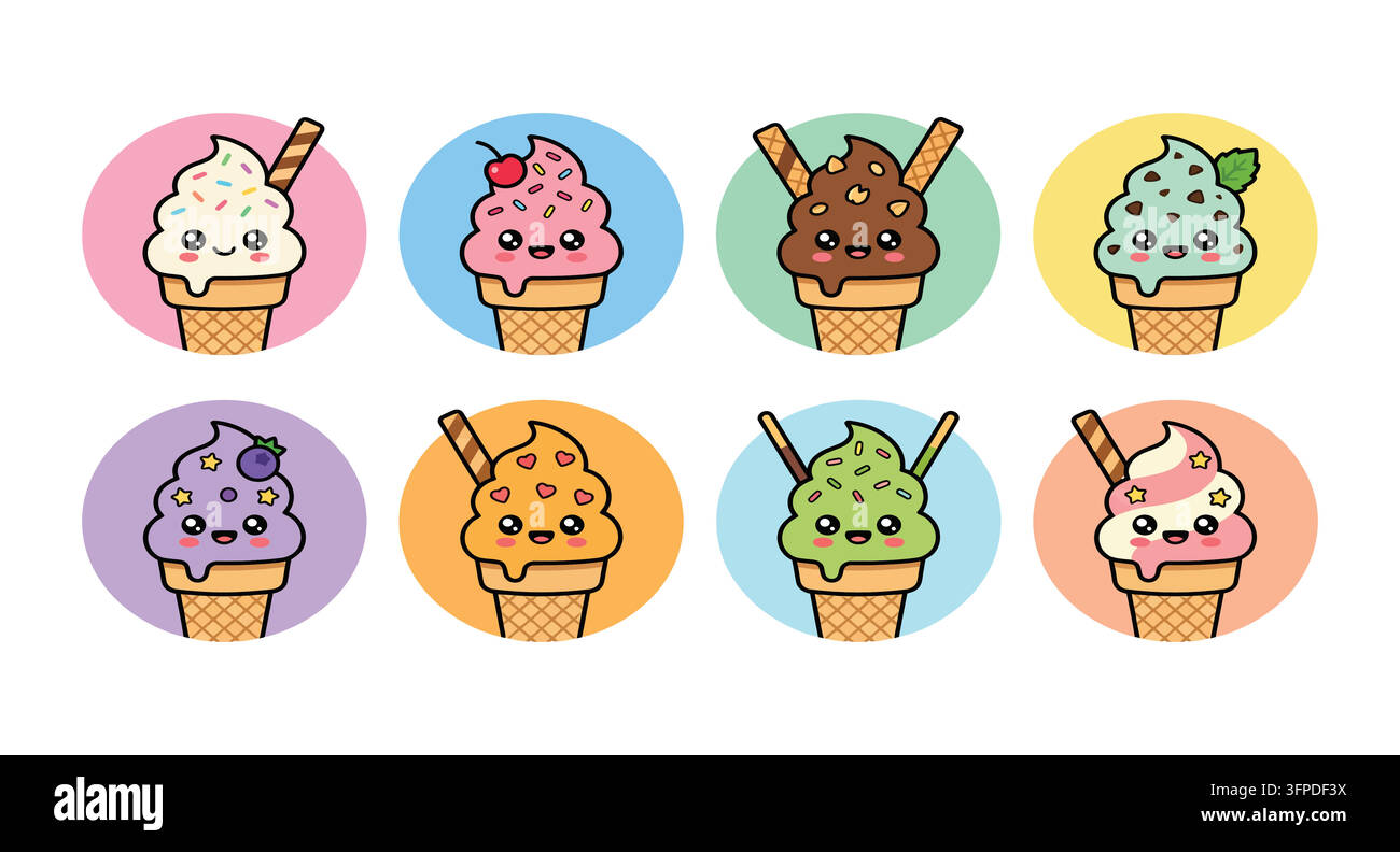 Ensemble de boules de glace mignonnes de style kawaii dans des cônes en gaufre avec cône en gaufre Illustration de Vecteur