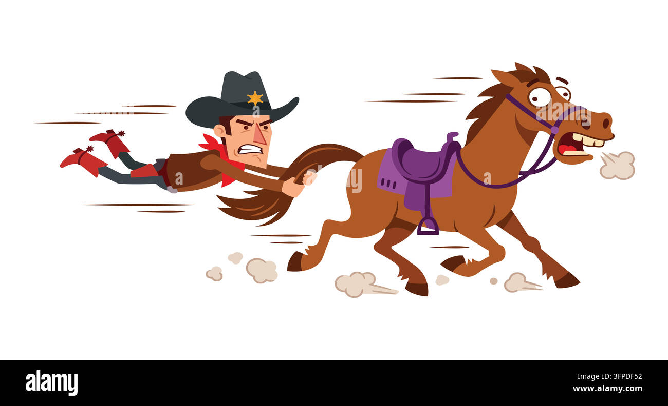 Personnage de cowboy en dessin animé chevauchant un cheval au galop à toute vitesse dans l'Ouest sauvage Illustration de Vecteur