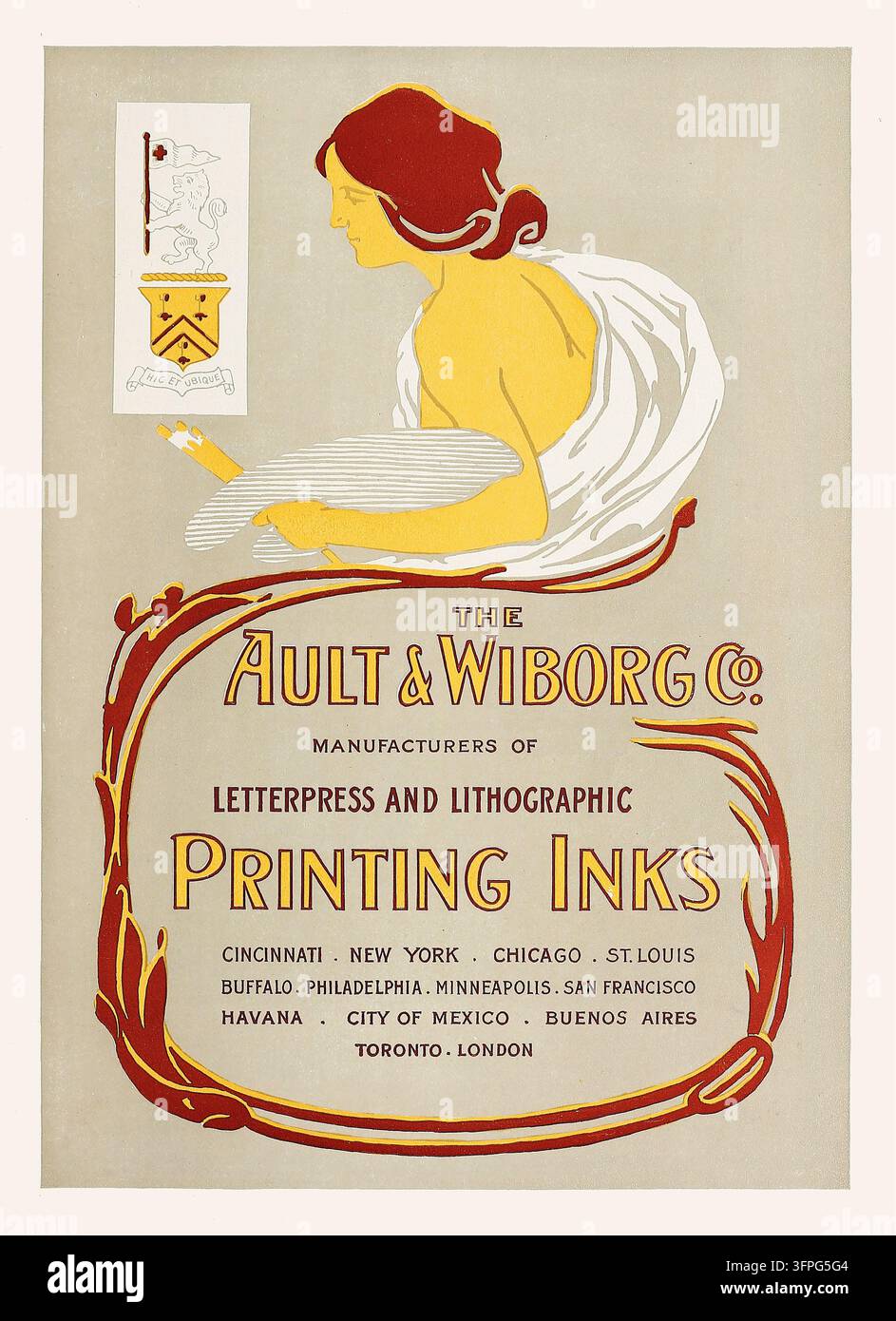 Une publicité pour The Ault & Wiborg Co., fabricants d'encres de typographie et de lithographie, des années 1890-1910. Le design met en avant un s Banque D'Images
