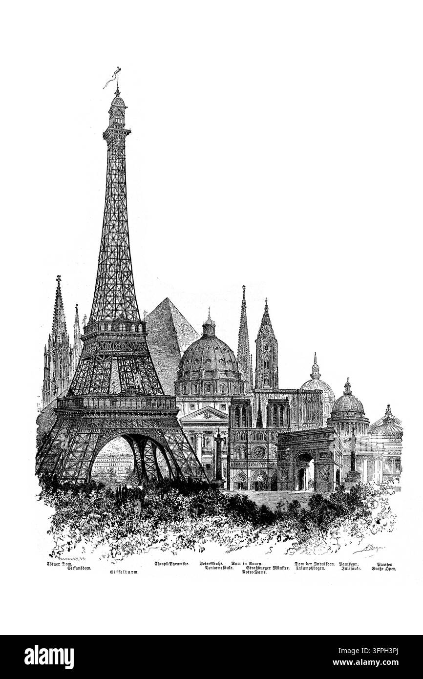Montage de monuments architecturaux mettant en scène la tour Eiffel, les pyramides, les cathédrales, les arcs, fond blanc, gravure du XIXe siècle. Banque D'Images