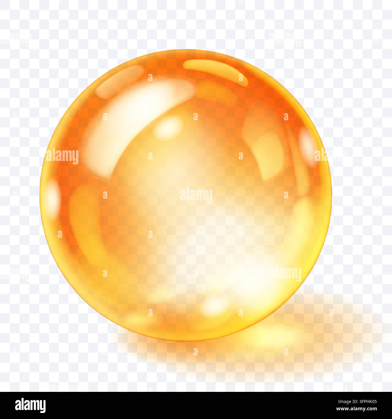 Une sphère translucide orange vif et ambre brillante, présentant des reflets éclatants et projetant une ombre subtile sur un fond transparent. Transparen Illustration de Vecteur