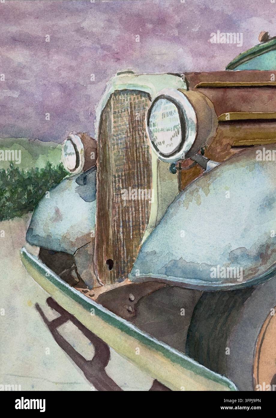 Aquarelle d'un camion Chevy de 1936 dans le désert Banque D'Images