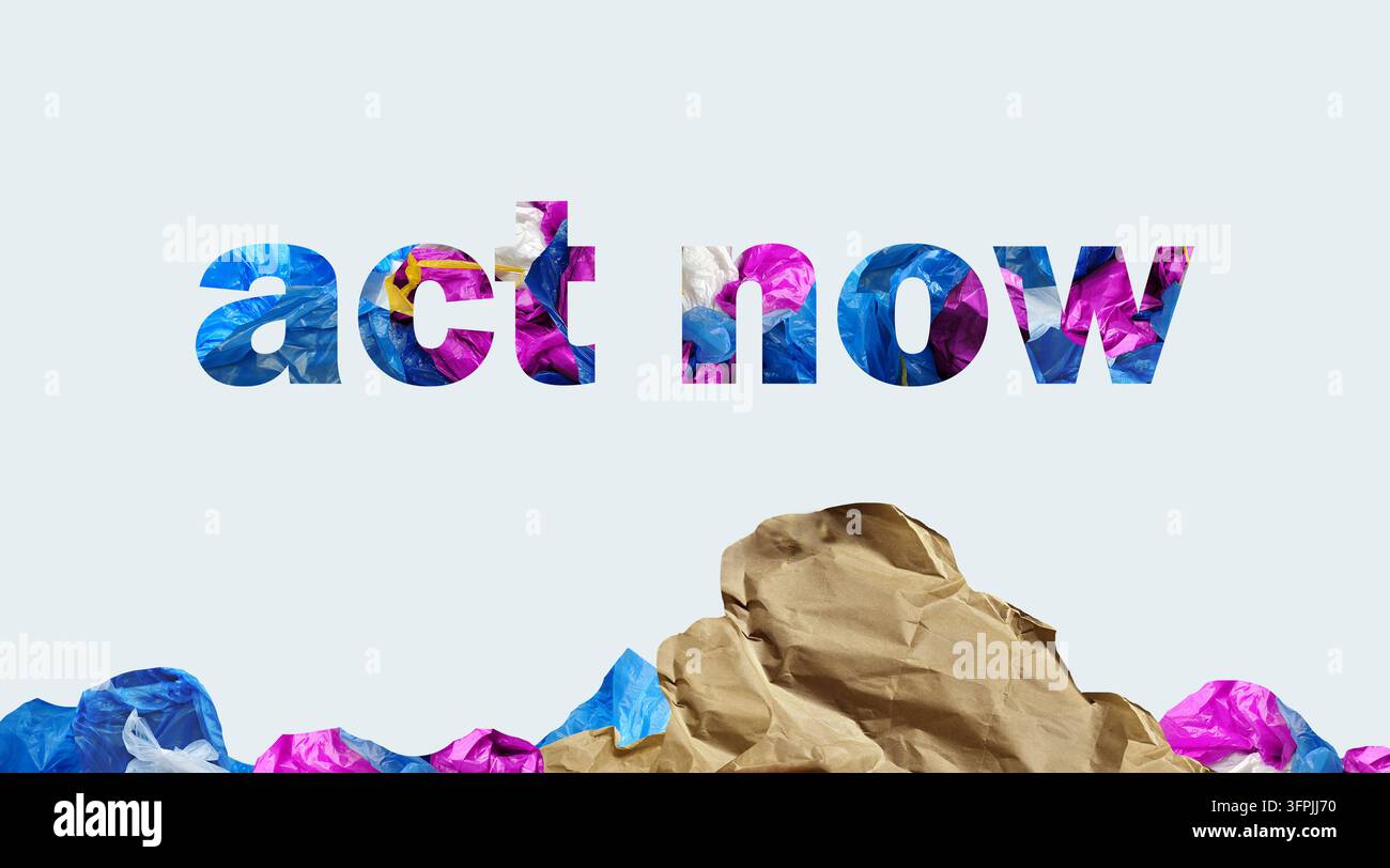Agissez maintenant bannière de campagne sur le changement climatique et la prise de conscience environnementale. Paysage de collines en papier créatif avec mockup de texte coloré et espace de copie Banque D'Images