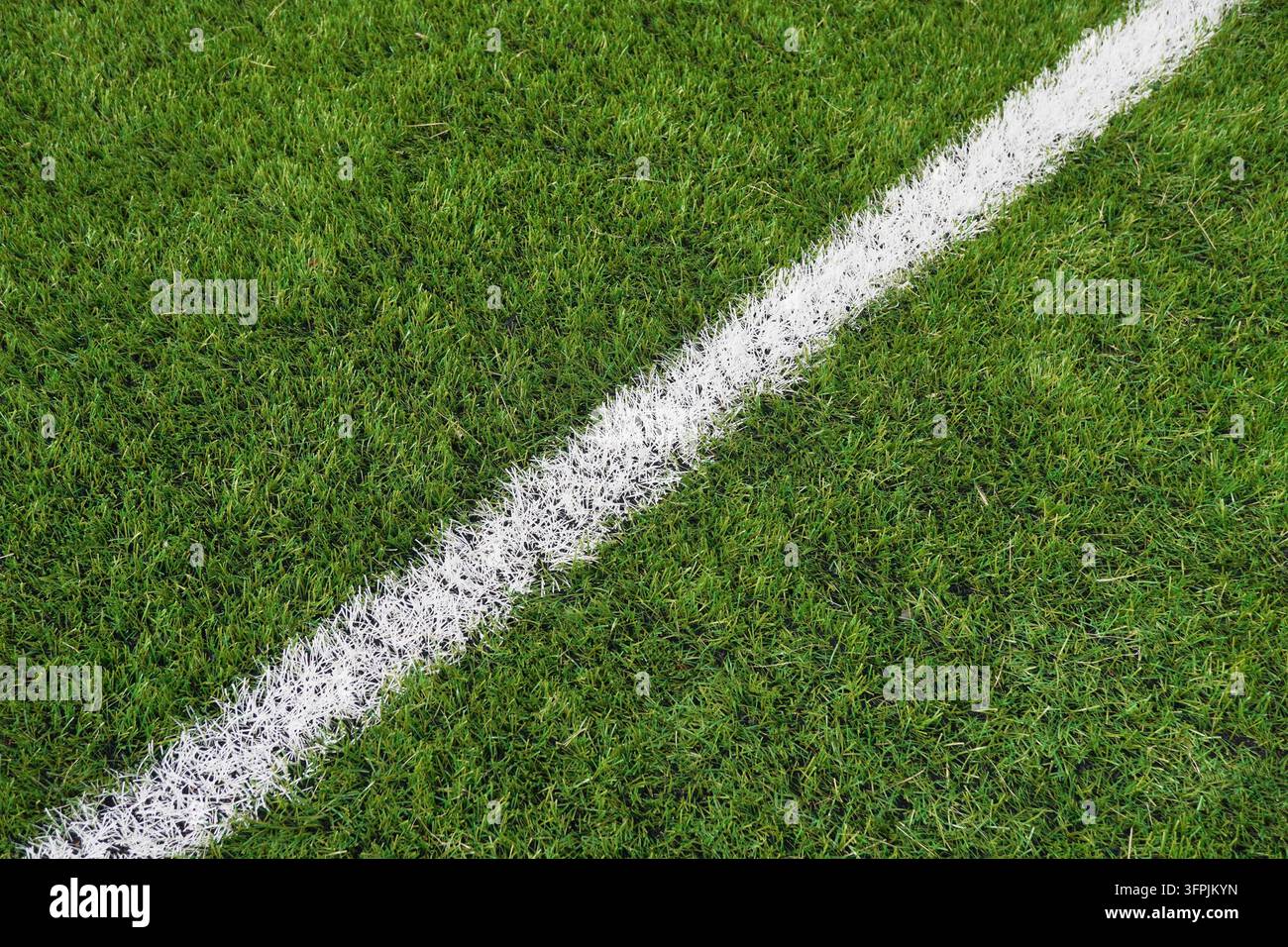 Grossissement d'une ligne blanche sur un champ d'herbe verte Banque D'Images