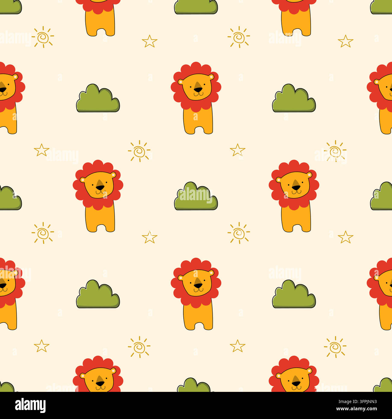 Le dessin animé du sourire du lion si mignon. Sur buisson soleil étoile et fond jaune. Illustration vectorielle sans couture. Pour tissu. Illustration de Vecteur