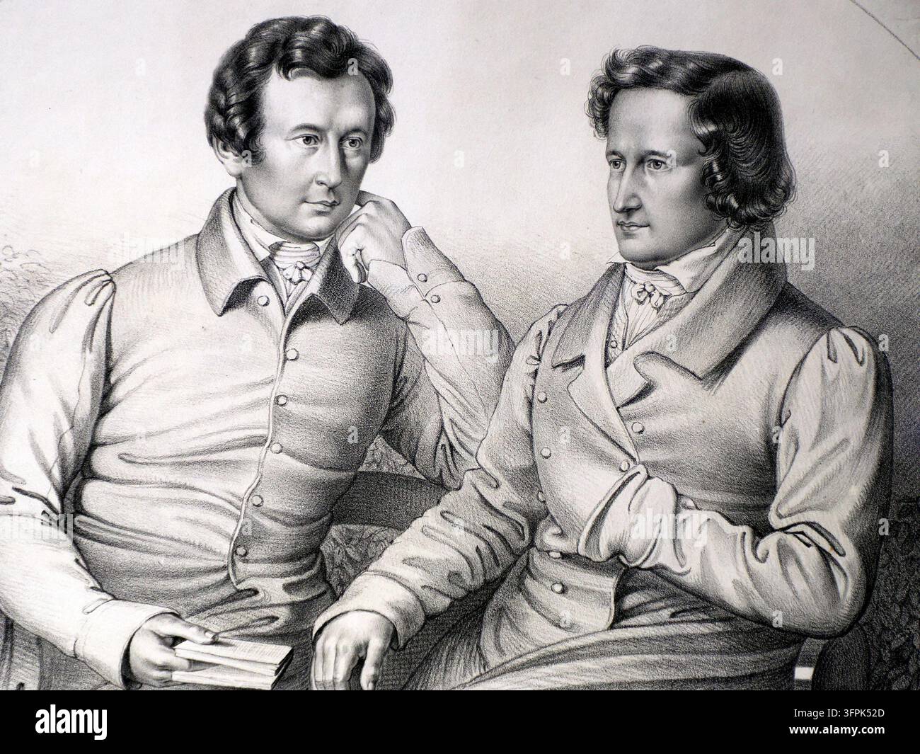 MAINZ, ALLEMAGNE - 1ER SEPTEMBRE 2026 : Une lithographie détaillée représentant deux jeunes hommes vêtus de costumes européens du début du XIXe siècle, assis ensemble dans un intime Banque D'Images