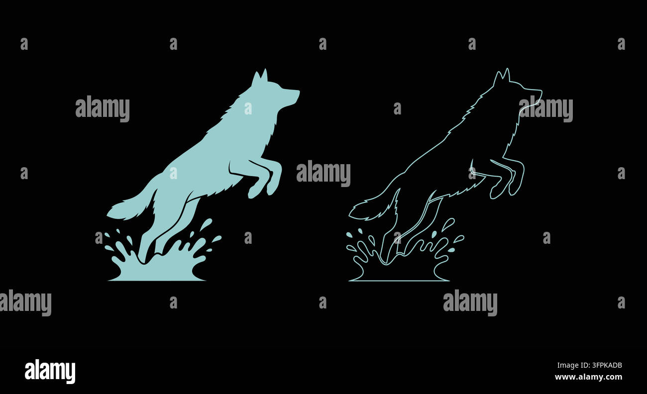 Loup sautant dans l'eau, graphique de silhouette en styles plat et ligne Illustration de Vecteur