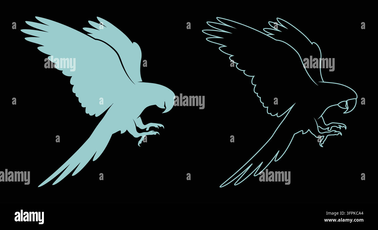 Silhouette et graphique de contour d'un perroquet volant avec oiseau tropical Illustration de Vecteur