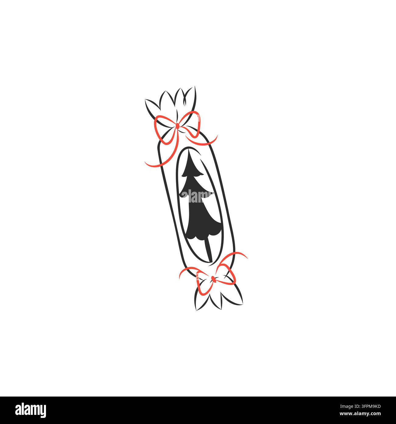 Ornement de sapin de Noël avec nœuds rouges, boule de Noël minimal dessinée à la main, illustration vectorielle de décoration de fête festive Illustration de Vecteur