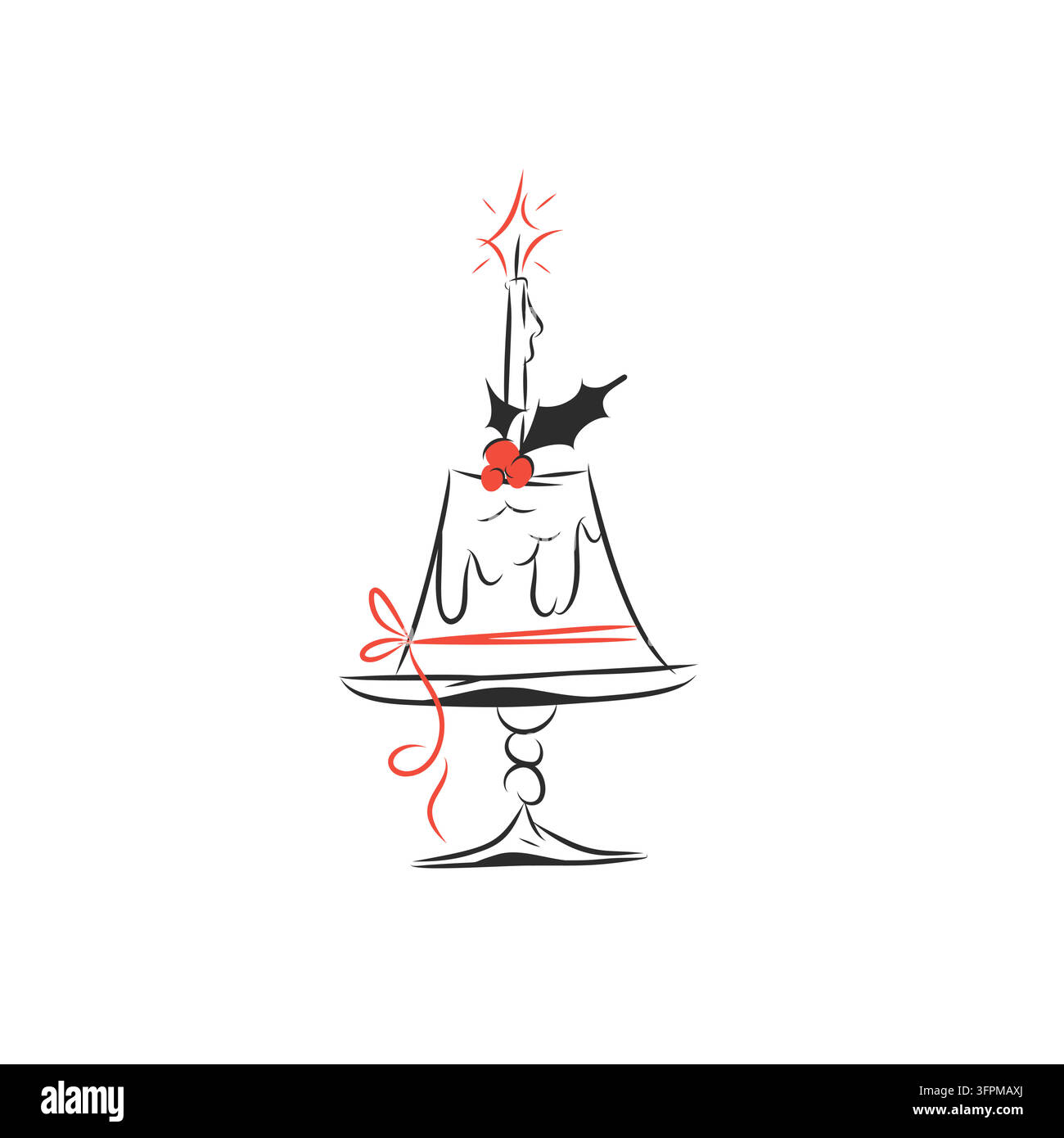 Gâteau de Noël sur support décoratif avec bougie allumée, baies de houx et ruban rouge, dessert festif dessiné à la main vecteur noir et rouge Illustration de Vecteur