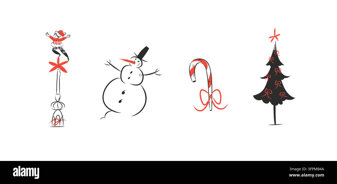 Collection de personnages des fêtes de Noël avec elfe du Père Noël, bonhomme de neige, canne en sucre et arbre décoré, ensemble d'art linéaire vectoriel festif dessiné à la main Illustration de Vecteur